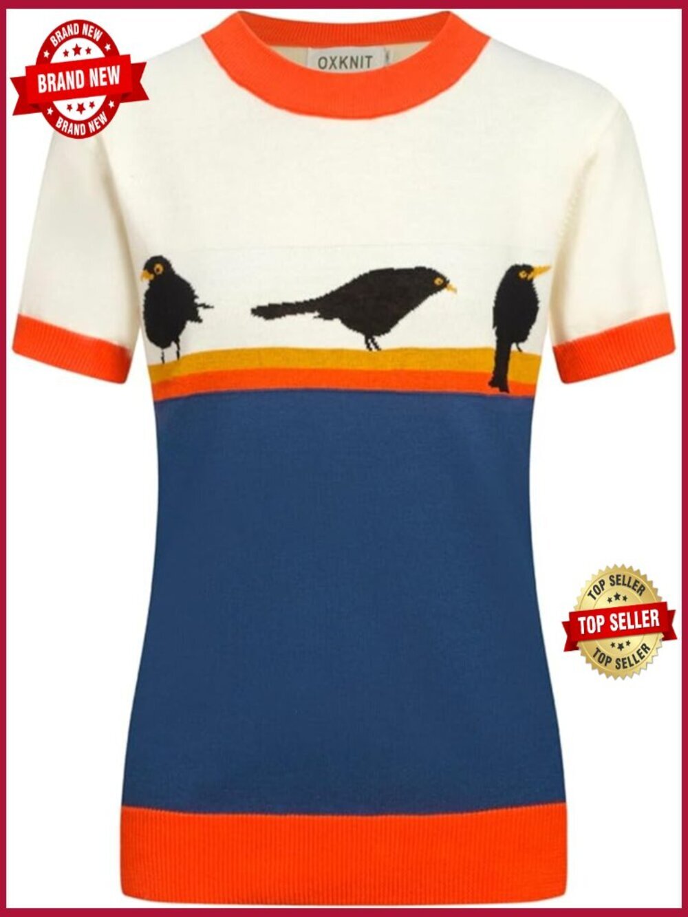Retro Knitted T-Shirt, 1960s Mod Style Animal Pattern Crewneck Cotton Short
